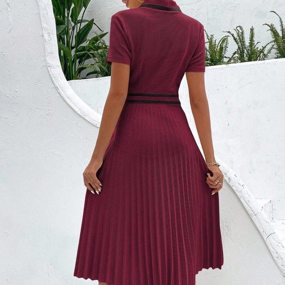 Burgundy Preppy Womens Contrast Binding Pleated Hem Dress - Picture 3 of 5